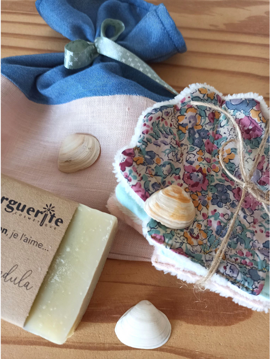 Box Savon, lingettes coquillages, emballage en tissu